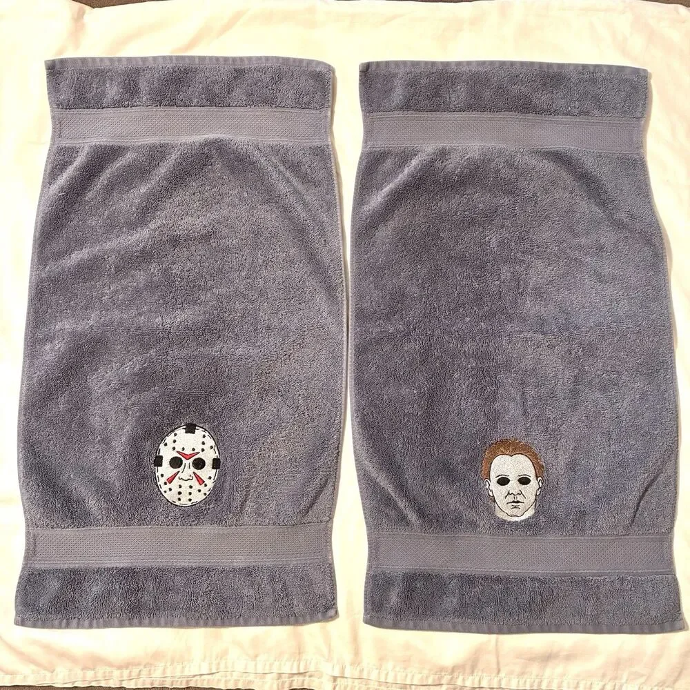 Jason Mask Michael Meyers Set of Hand Towels Embroidered Halloween Decor